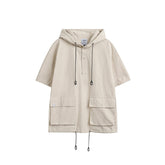 Unisex Jacket Summer Workwear with Pocket Jacket Loose Short Sleeve Hooded Jacket